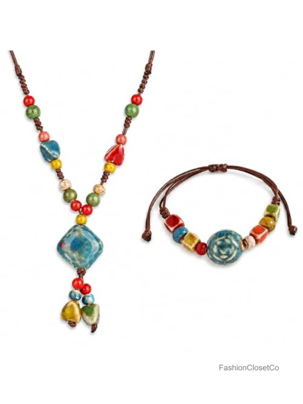 Boho Ceramic Beaded Necklace Bracelet Set - Long Statement Hippie Jewelry